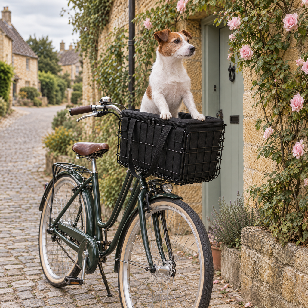 Pendle Folding Dog Bike Basket for Small Dogs with Mounting Hardware – room view | The Fernby