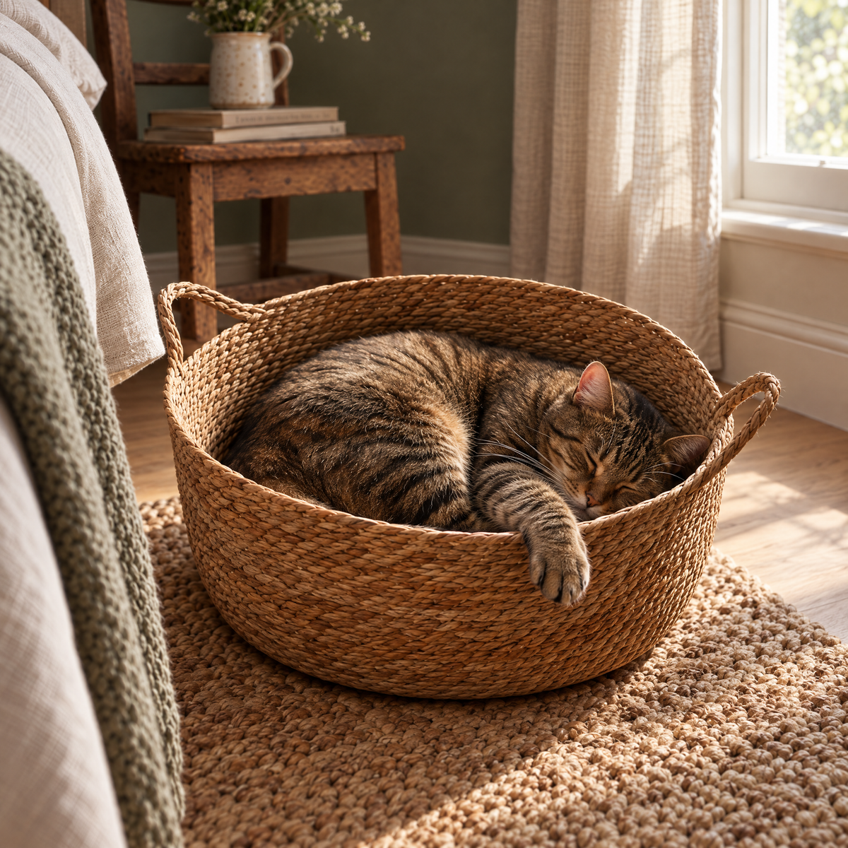 Nunney Woven Cattail Cat Basket for Indoor Cats with Carry Handles – close detail | The Fernby