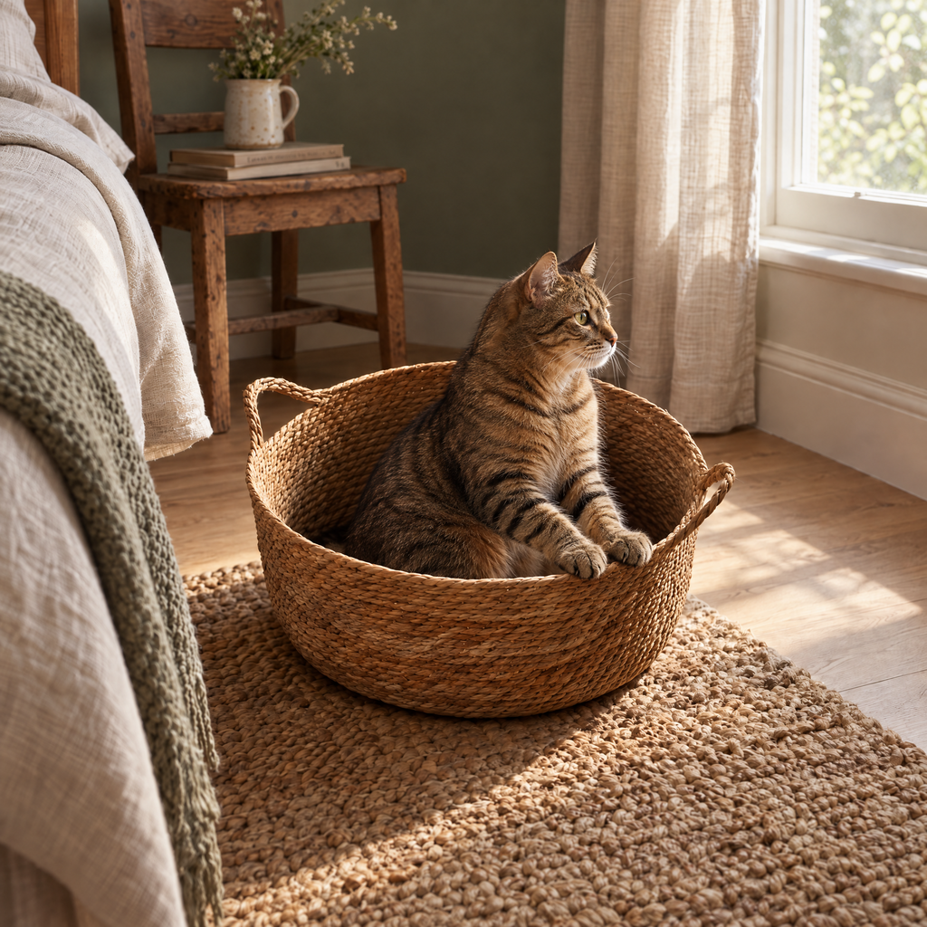 Nunney Woven Cattail Cat Basket for Indoor Cats with Carry Handles – room view | The Fernby