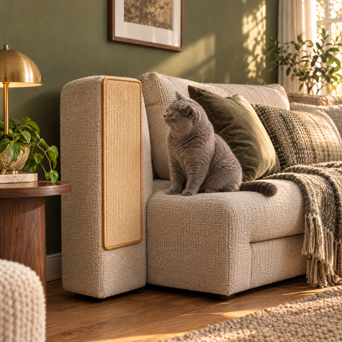Dunster Faux Sisal Cat Scratcher Mat for Sofa Arms with Velcro Fixing – room view | The Fernby