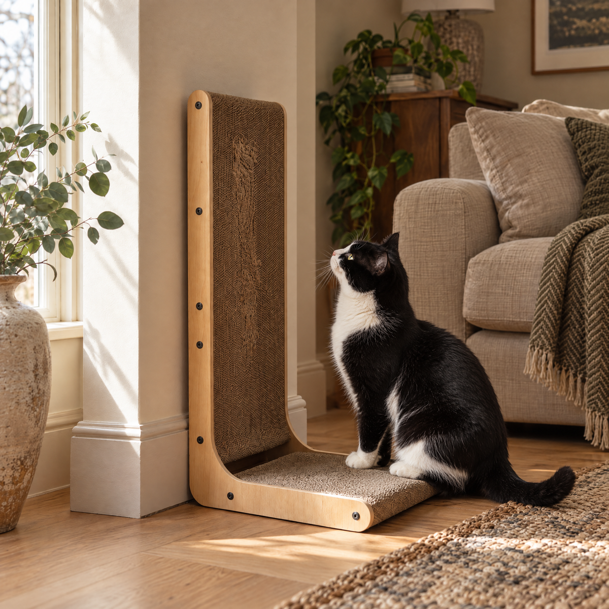 Wold L-Shaped Corner Cat Scratcher for Indoor Cats with Dense Card – room view | The Fernby